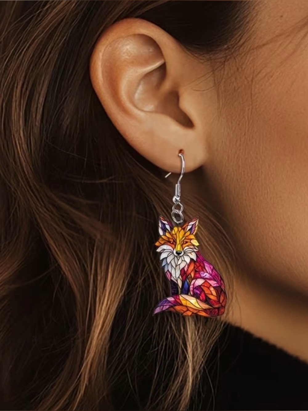Colorful Acrylic Stained-Glass Fox Dangle Earrings